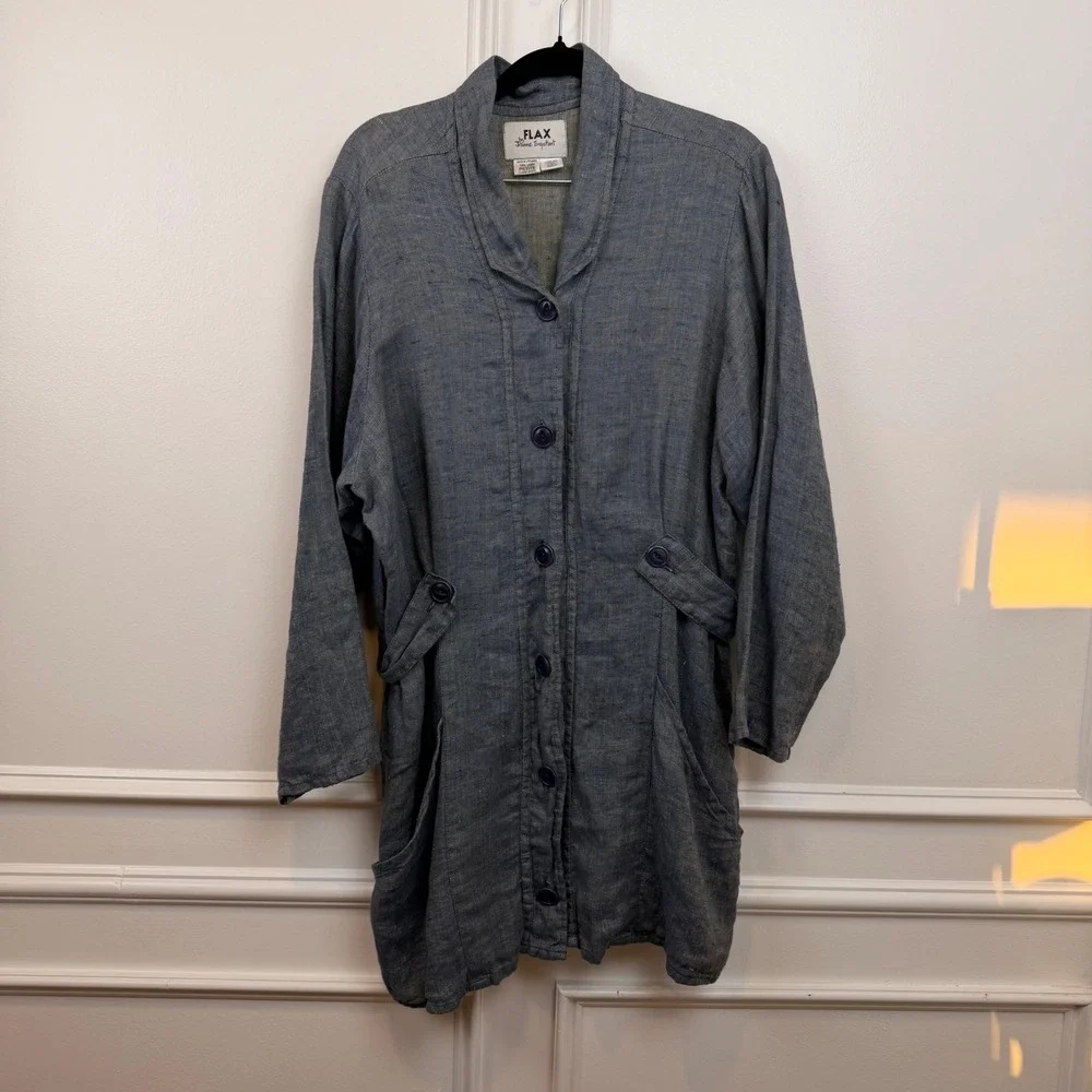 FLAX Jeanne Engelhart Blue Linen‎ Herringbone Button Front Jacket Petite